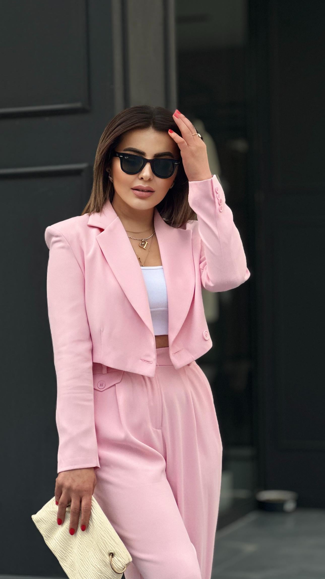 Pembe Premıum Astarlı Düğmeli Crop Ceket 