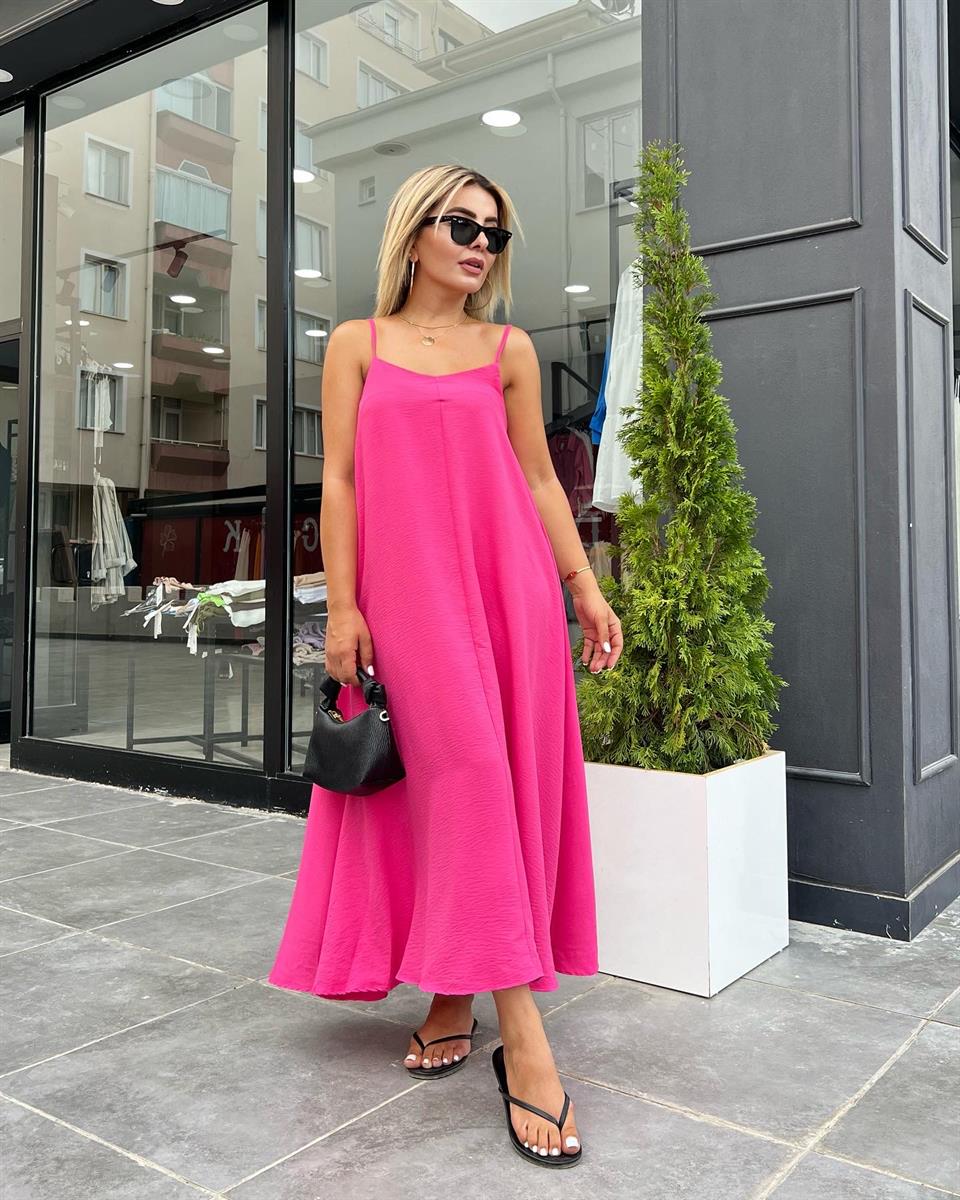 Pembe Tensel Kumaş Askılı Elbise 