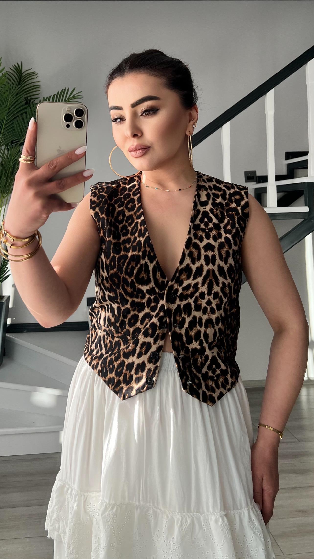 Premium Leopar Desen Düğmeli Yelek