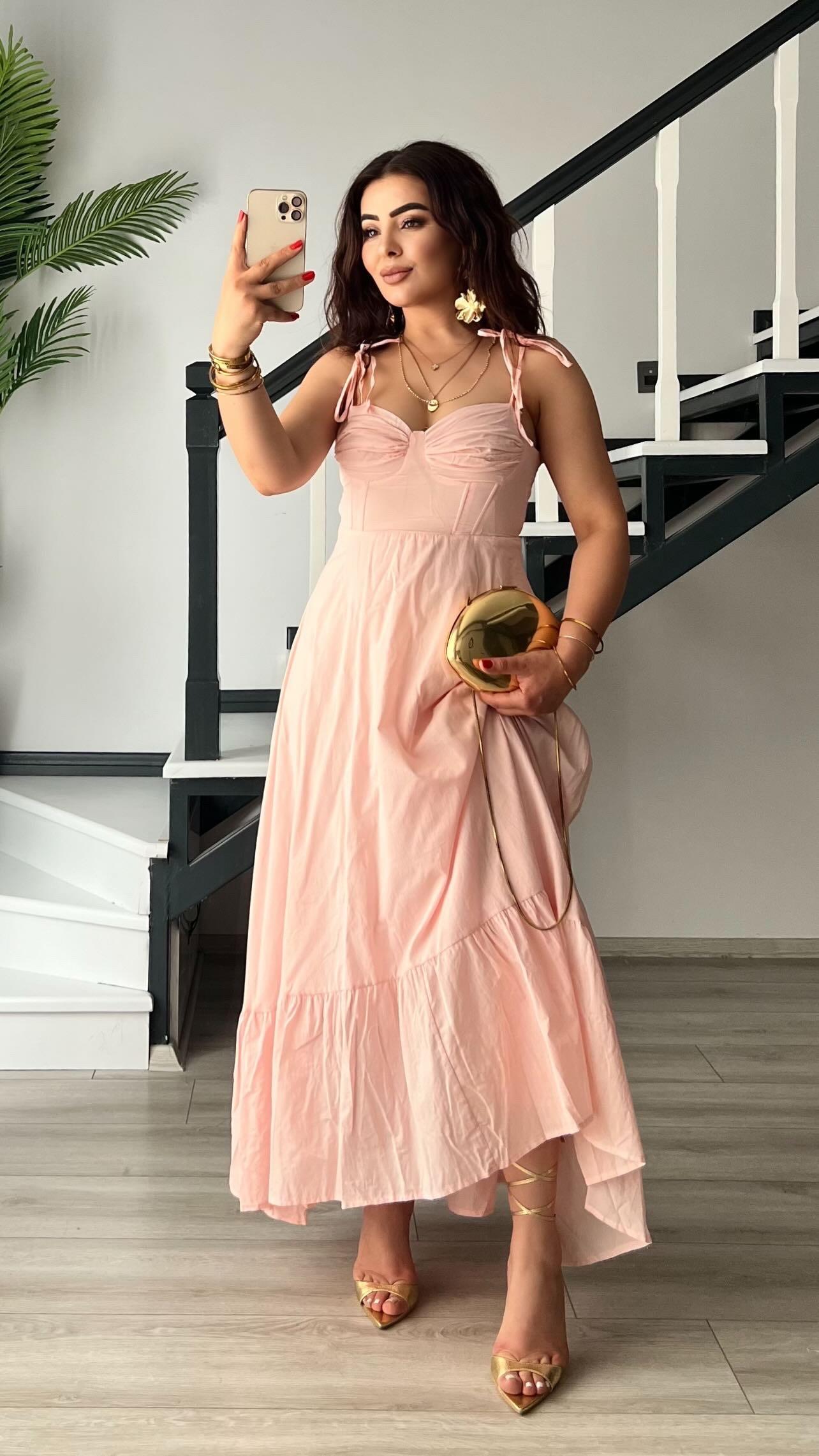 Pudra Pembe Marka Model Astarlı Fırfırlı Elbise