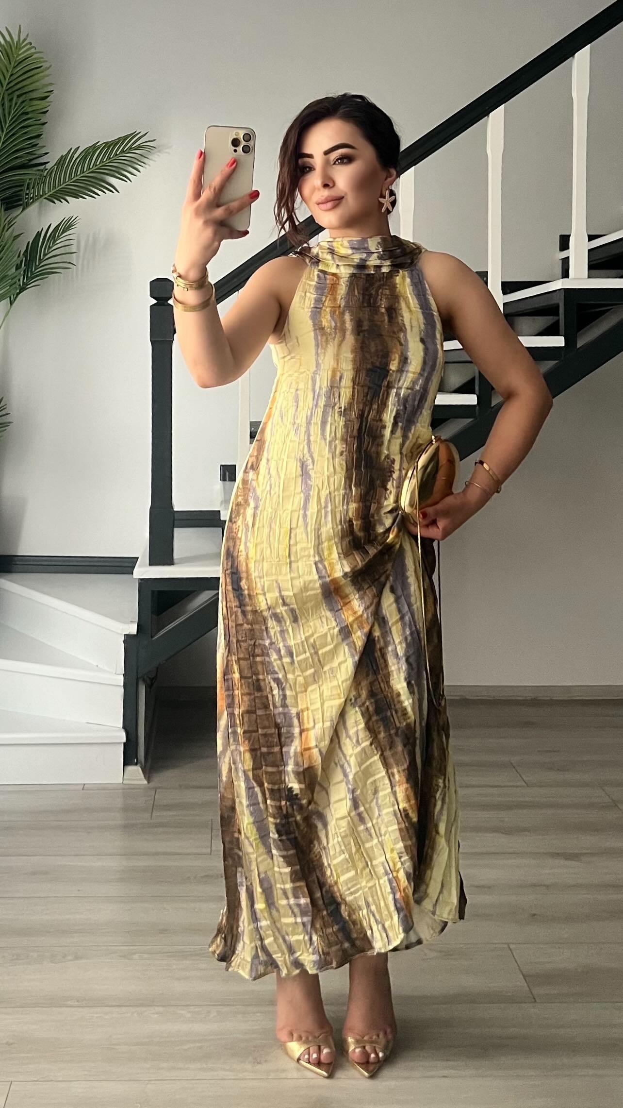 Sarı-Kahve Batik Desen Elbise