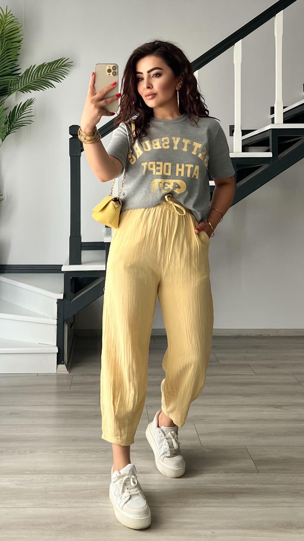 Sarı Paça Pensli Müslin Pantolon