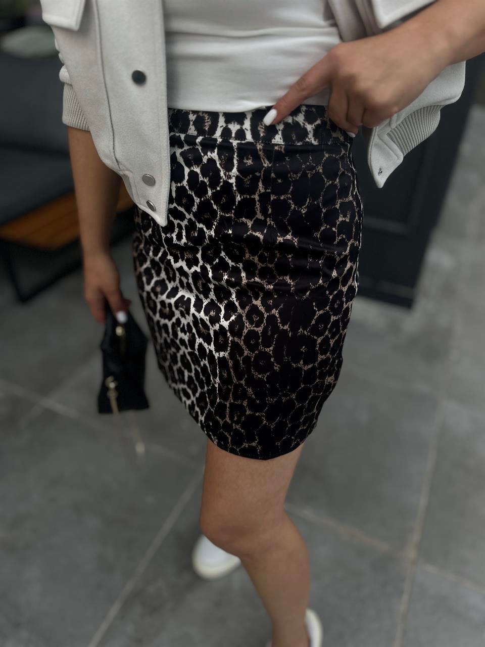 Saten Leopar Desen Mini Etek