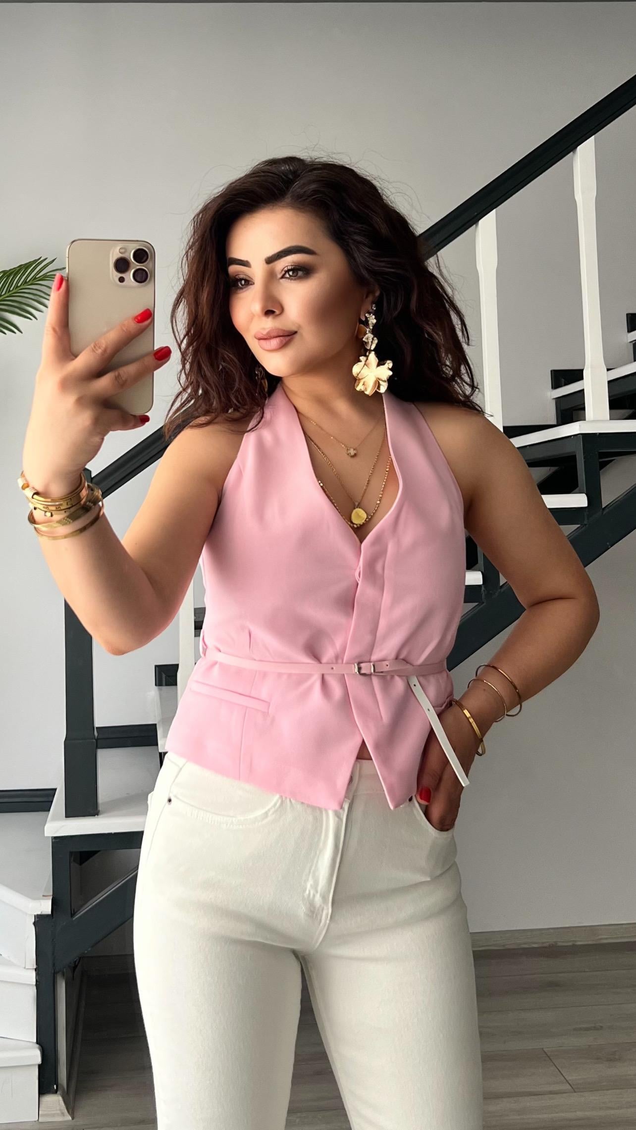 Şeker Pembe Belden Kemerli Yelek