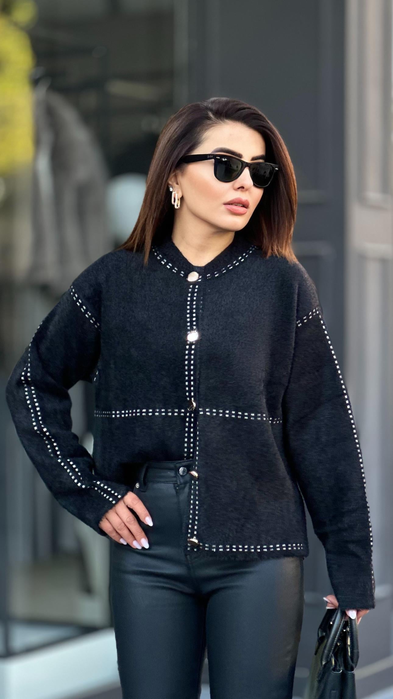 Black Stitch Effect Gold Buttoned Fluffy Cardigan