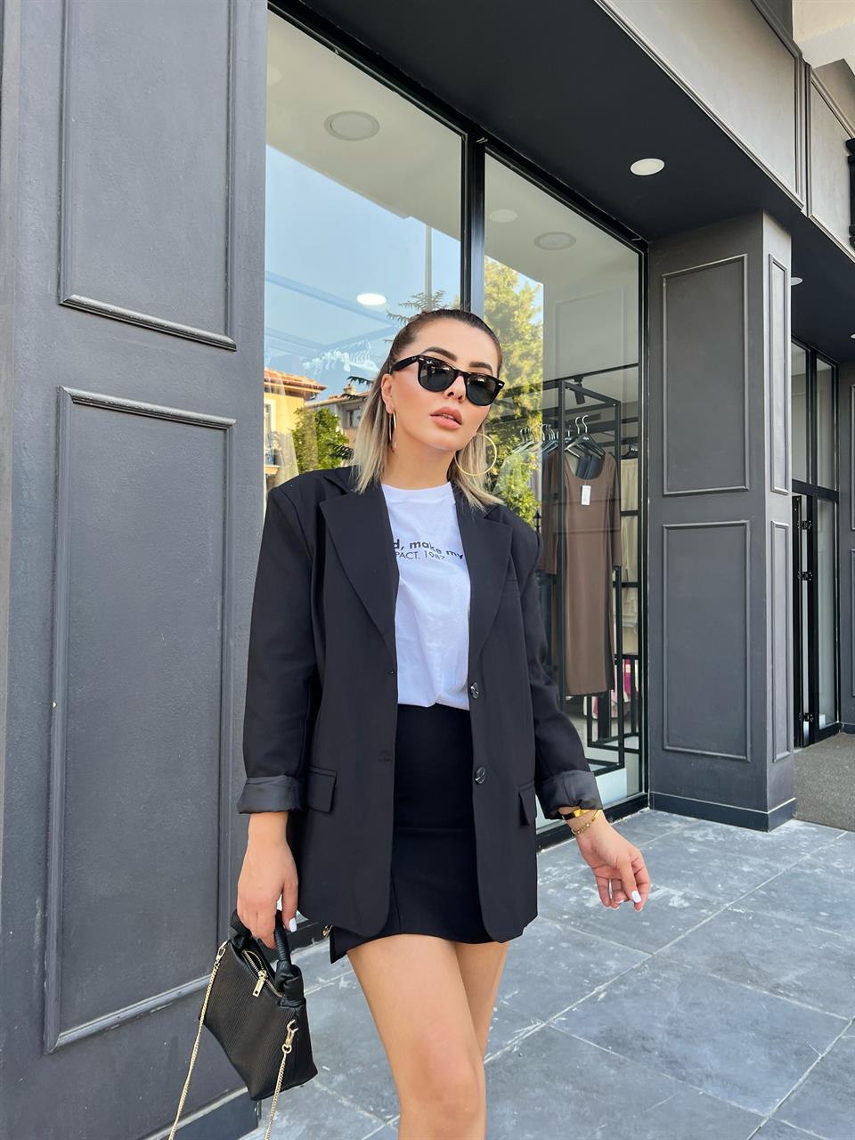 Siyah Oversize Çift Düğme Blazer Ceket 