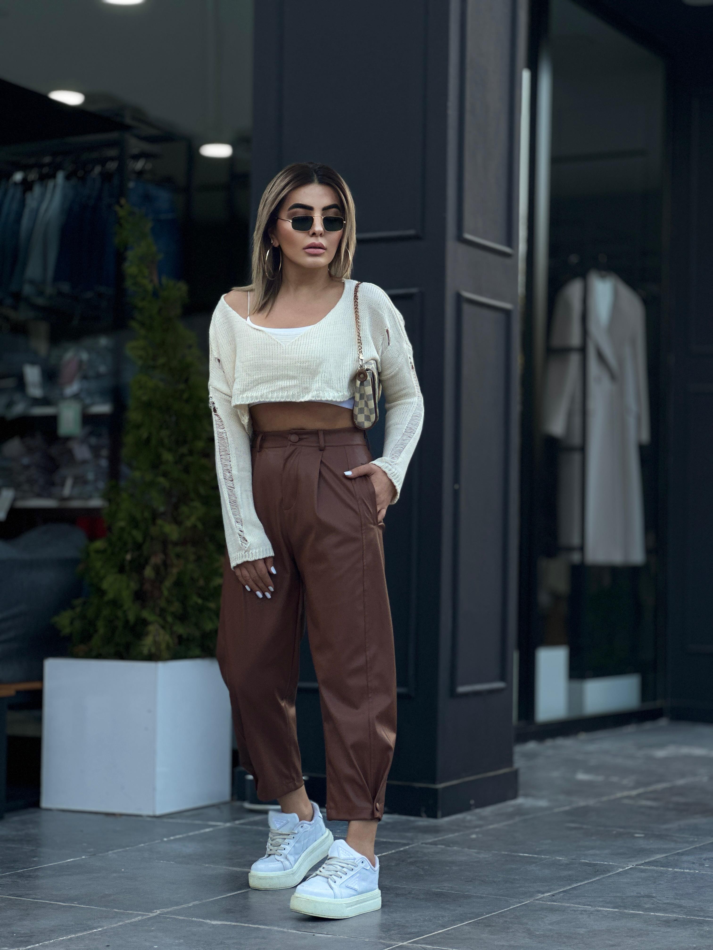 Taba Deri Paça Düğmeli Slouchy Pantolon