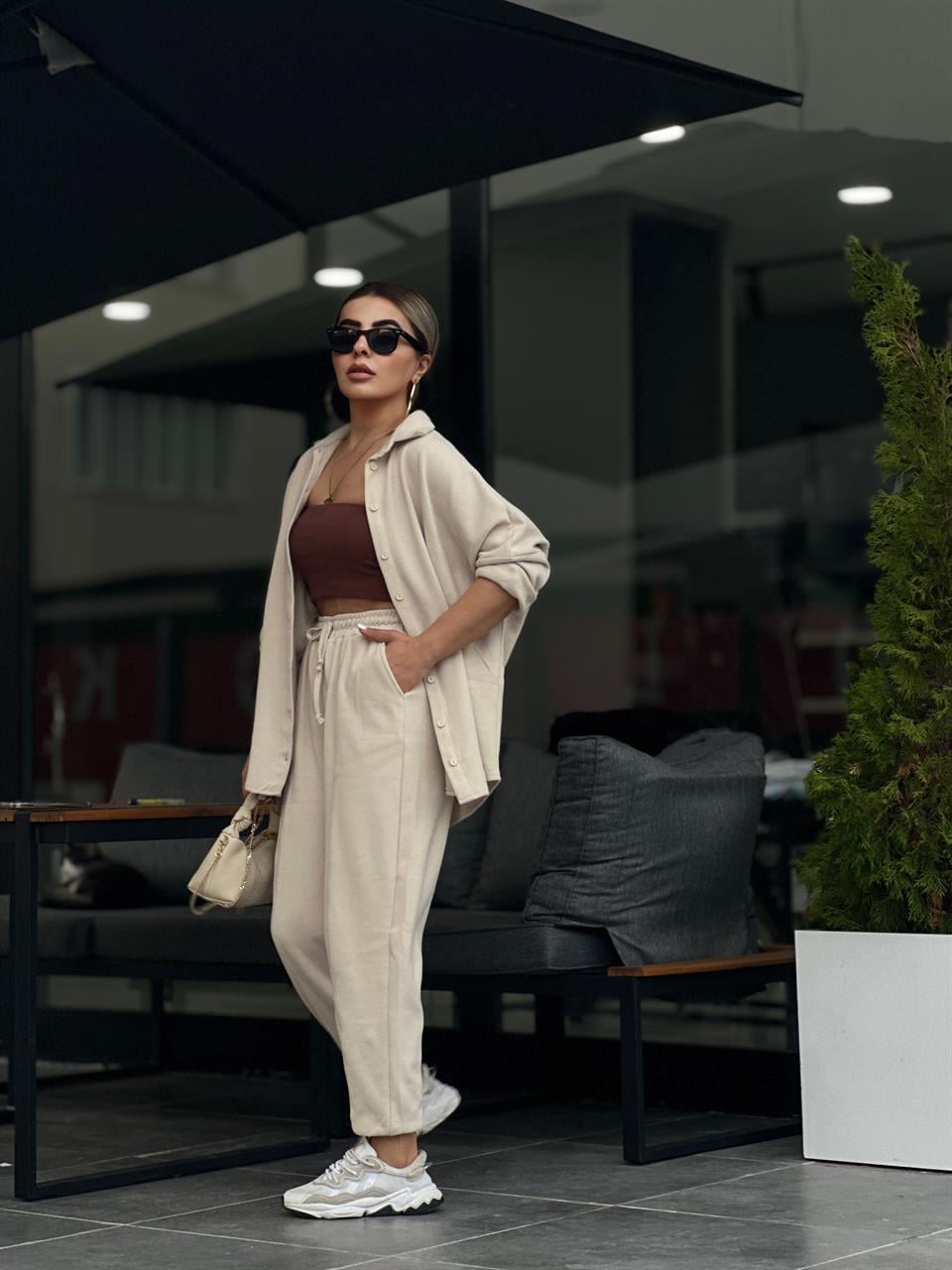 Taş Kadife Oversize Gömlek Takım 