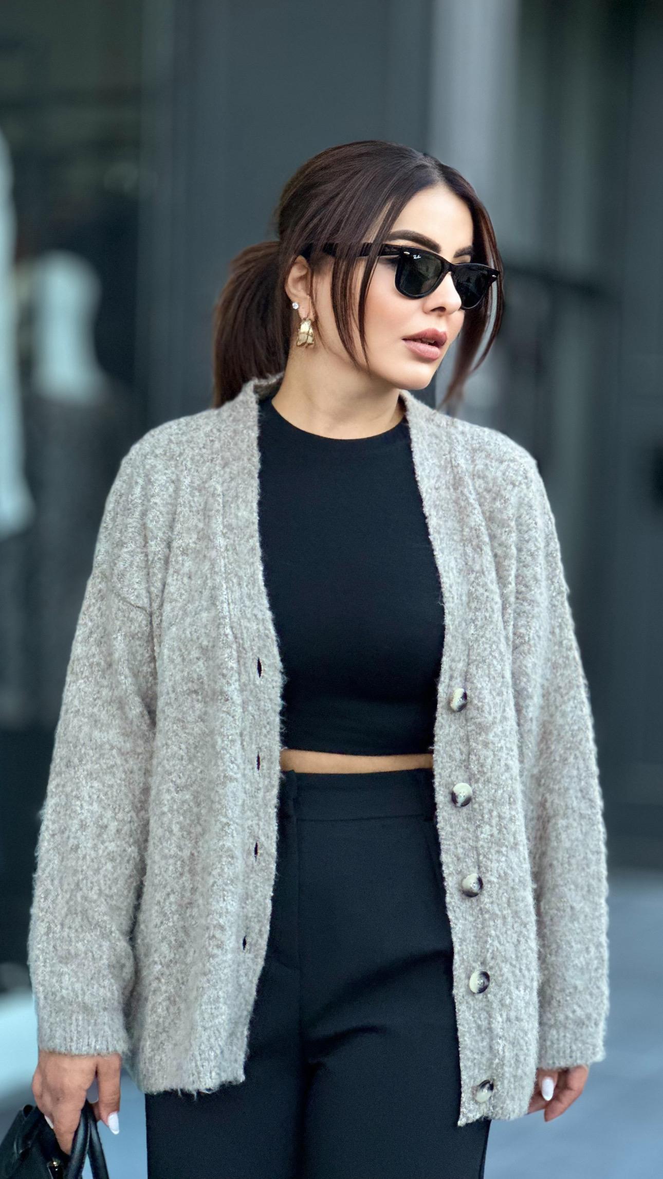 Mink V-Neck Brushed Buttoned Knit Cardigan