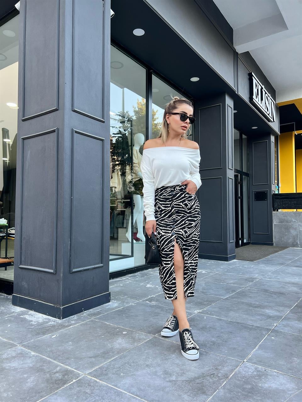 Zebra Desen Önü Düğmeli Midi Boy Etek 