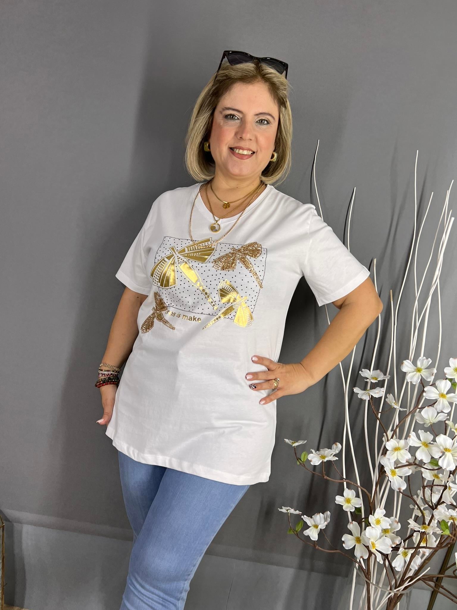 EYZ324 BEYAZ GOLD KUŞ BASKILI TİŞÖRT