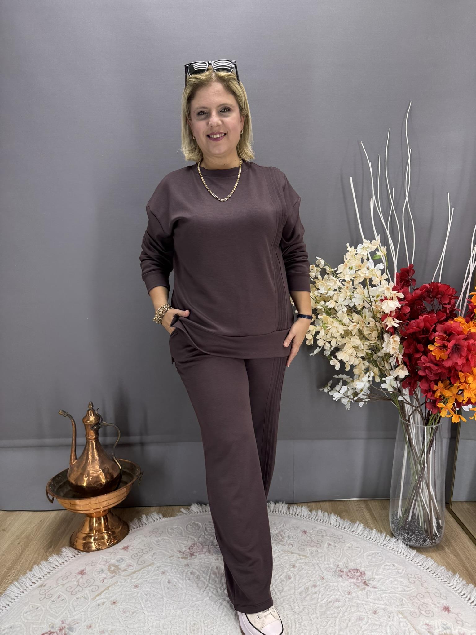 EYZ741 KAHVE OYSHO KUMAŞ ÖN PİLE DETAYLI EŞOFMAN TAKIM