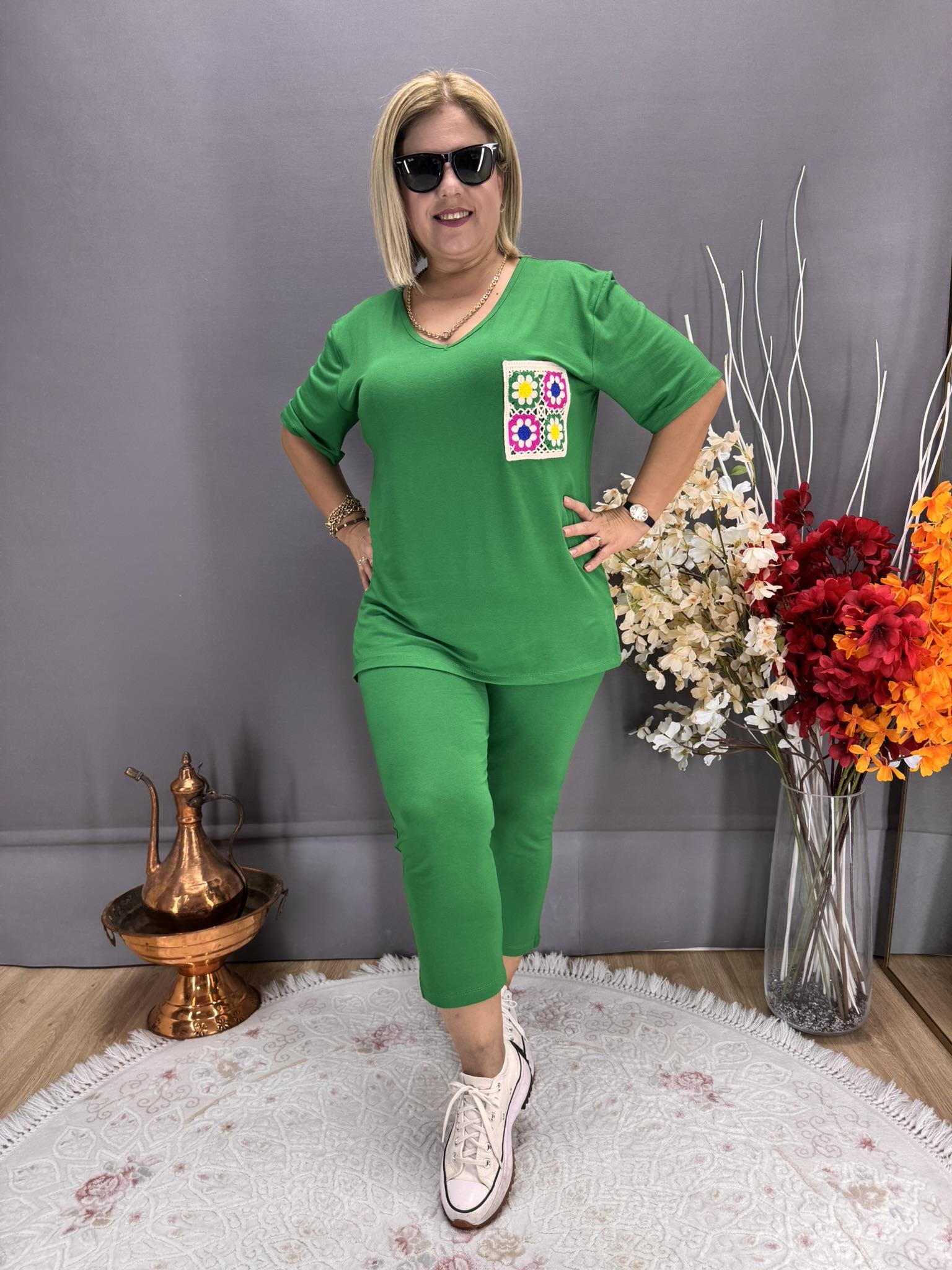 EYZ744 YEŞİL CEP ÖRĞÜ İŞLEMELİ EŞOFMAN TAKIM