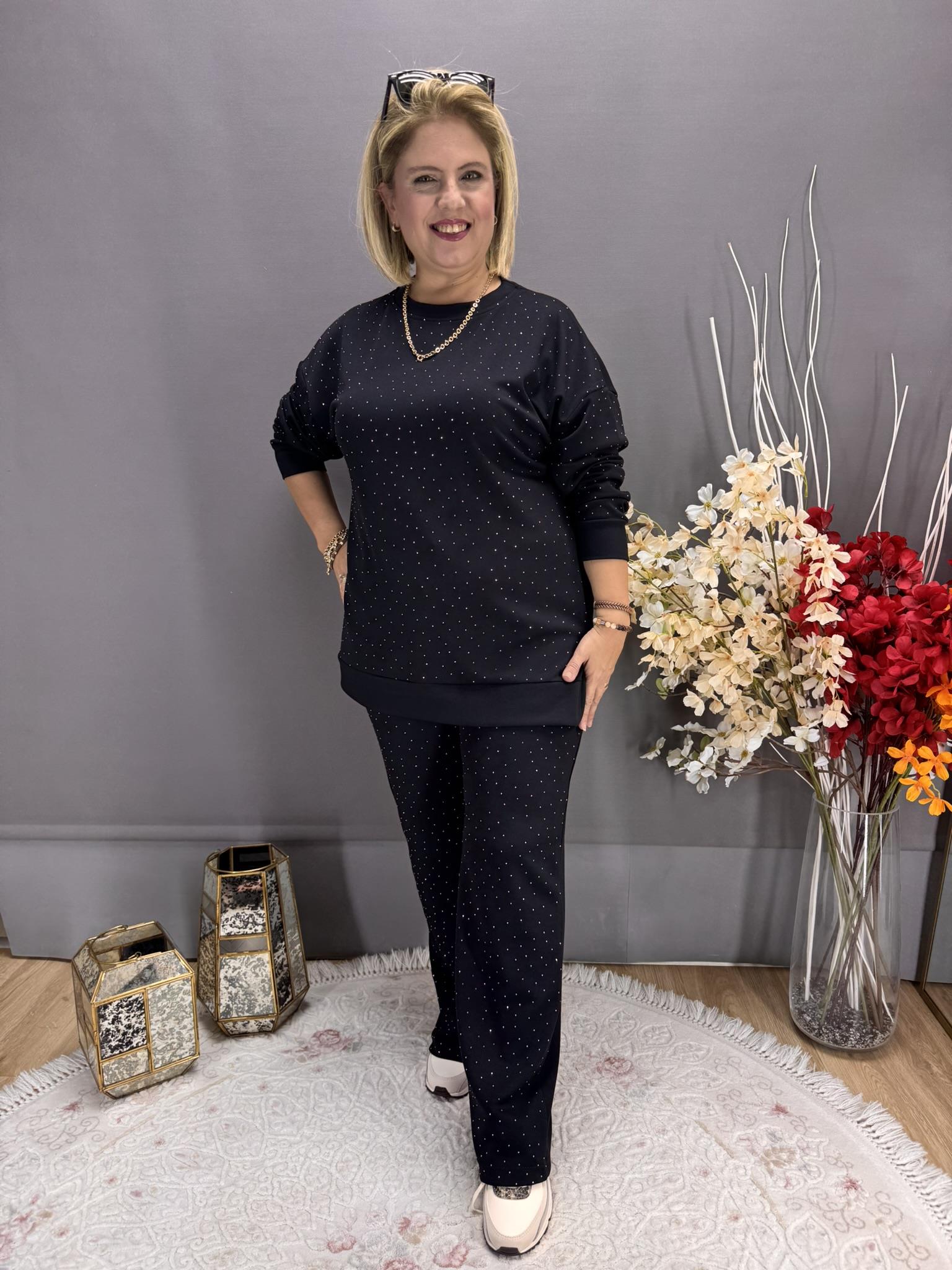 EYZ745 SİYAH OYSHO KUMAŞ ÖN TAŞLI EŞOFMAN TAKIM