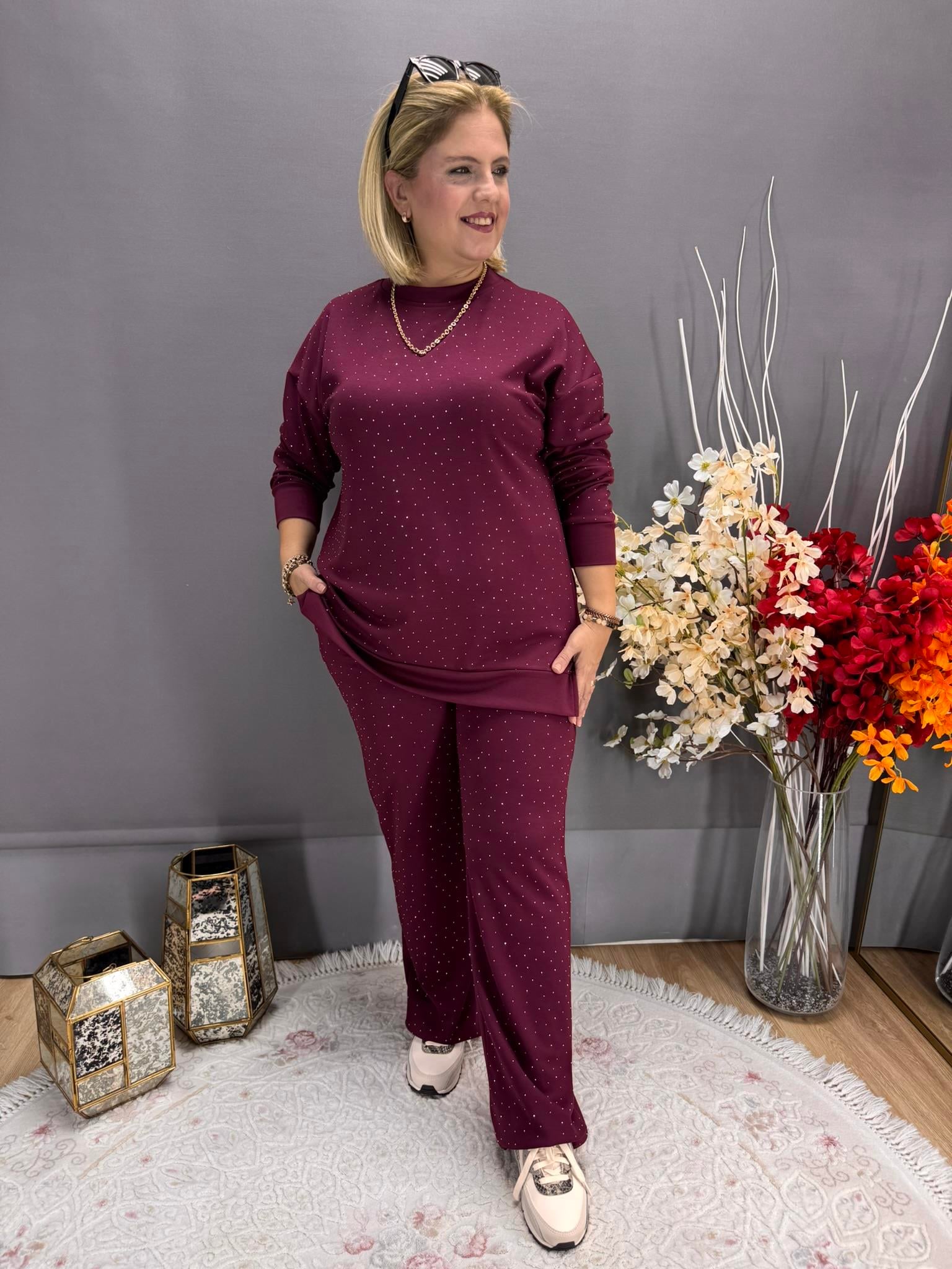 EYZ746 BORDO OYSHO KUMAŞ ÖN TAŞLI EŞOFMAN TAKIM