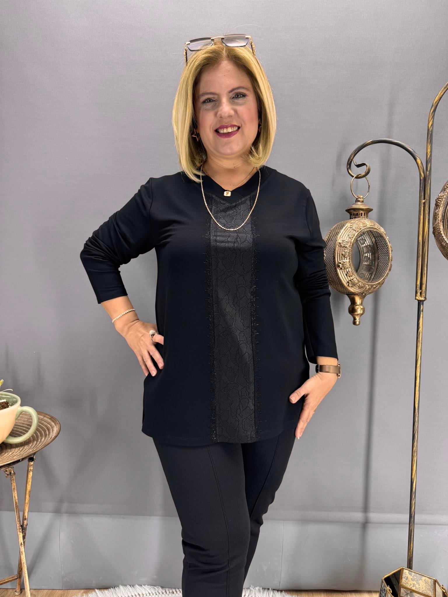 EYZ756 SİYAH V YAKA KALIN ŞERİT DERİLİ BLUZ