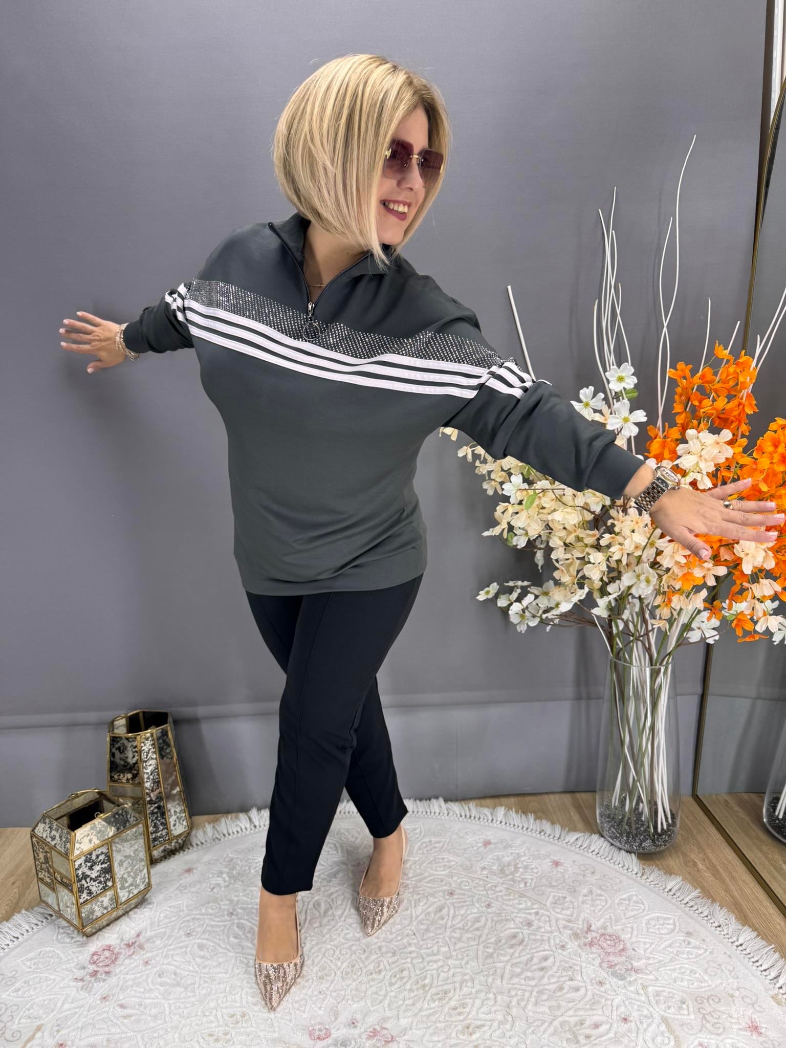 EYZ765 GRİ YARIM BALIKÇI SPOR ŞERİT DETAYLI SWEATSHİRT