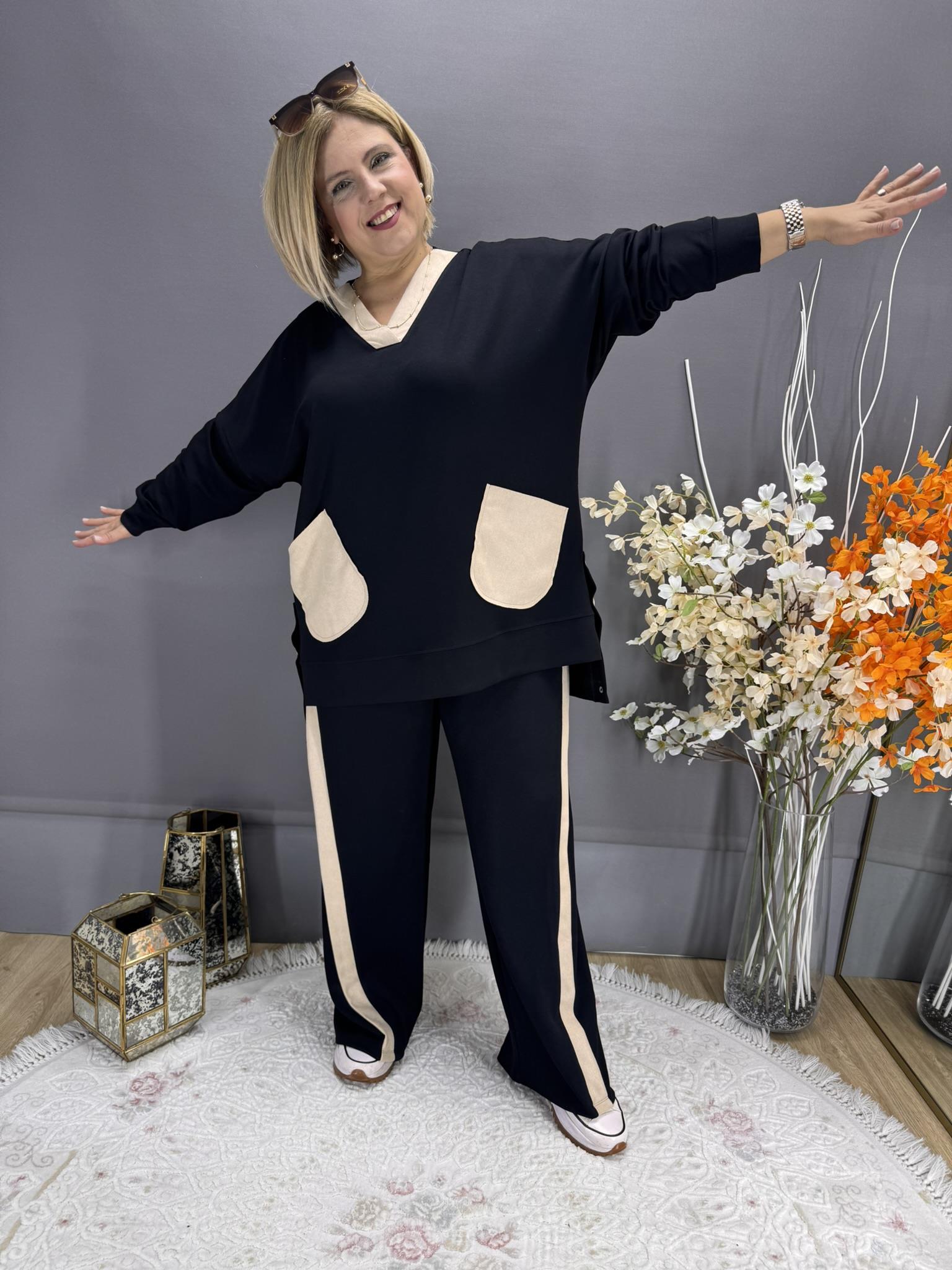 EYZ771 SİYAH V YAKA İKİ RENKLİ YAN ÇITÇIT AKSESUARLI EŞOFMAN TAKIM