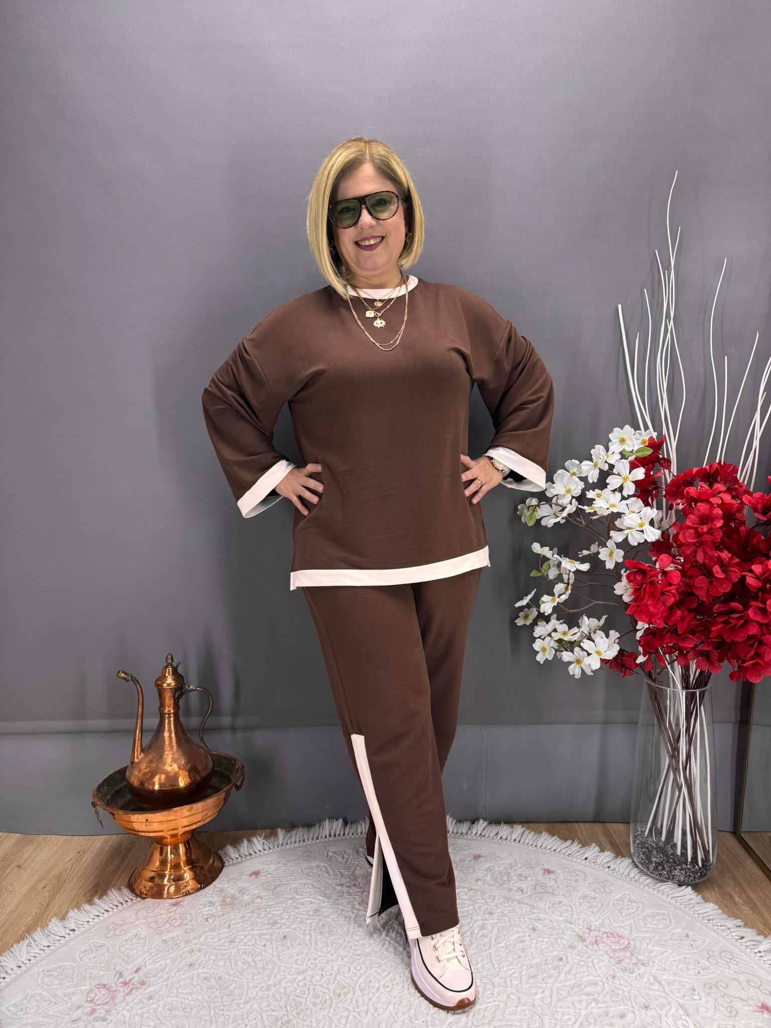 EYZ773 KAHVE YIRTMAÇLI BEYAZ ŞERİTLİ EŞOFMAN TAKIM