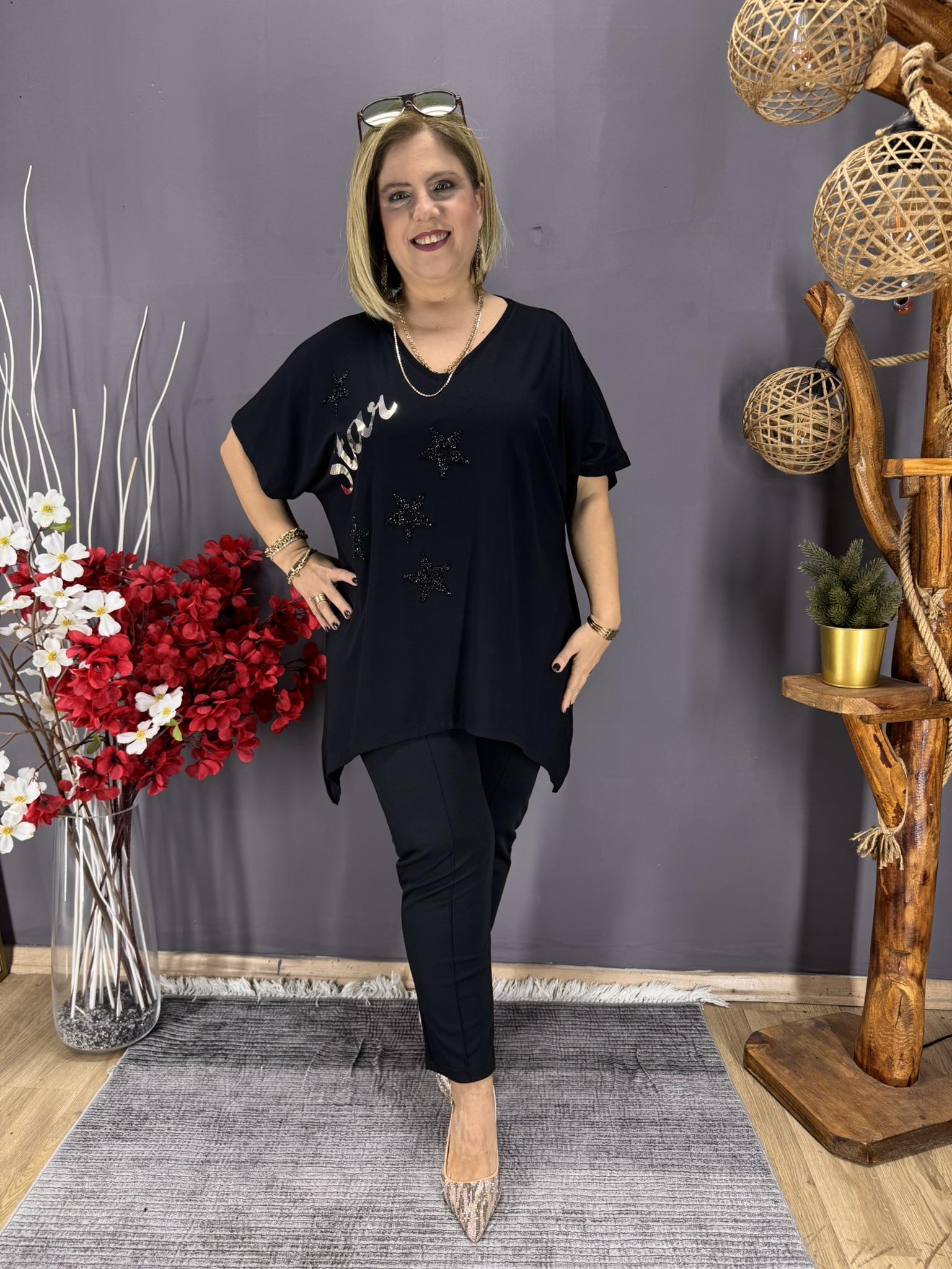 EYZ825 SİYAH STAR YILDIZ TAŞLI PENYE ASİMETRİK TUNİK