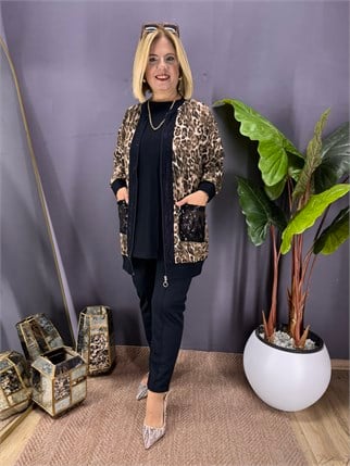 EYZ1000 SİYAH LEOPAR DETAYLI PULLU CEPLİ FERMUARLI ÇEKET