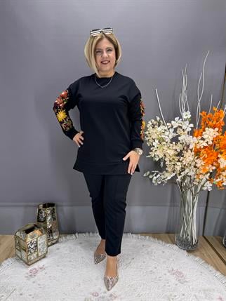 EYZ768 SİYAH KOLLAR ÇİCEK NAKIŞLI SWEATSHİRT