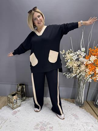 EYZ771 SİYAH V YAKA İKİ RENKLİ YAN ÇITÇIT AKSESUARLI EŞOFMAN TAKIM