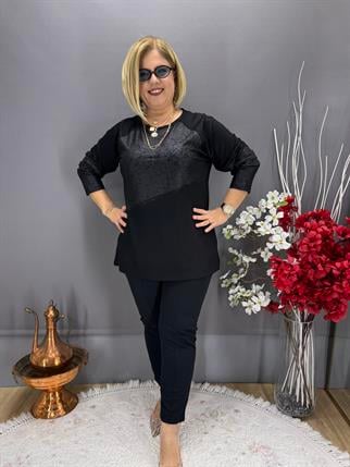 EYZ778 SİYAH KOL VE GÖGÜS DERİ TAŞLI PENYE BLUZ