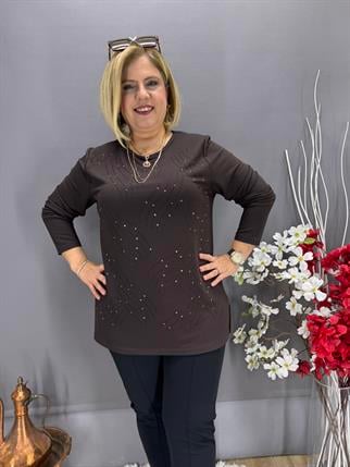 EYZ781 KAHVE DALGALI TAŞLI PENYE BLUZ