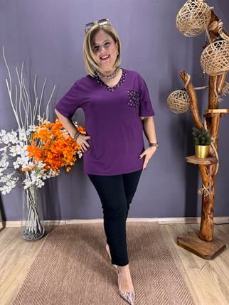 EYZ850 MOR YAKA VE CEP TAŞ İŞLEMELİ PENYE BLUZ