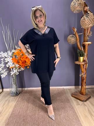 EYZ850 SİYAH V YAKA SALAŞ TAŞLI PENYE TUNİK