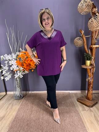 EYZ851 MOR V YAKA SALAŞ TAŞLI PENYE TUNİK