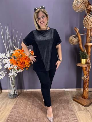 EYZ851 SİYAH ÖN V DERİLİ YAN DESENLİ TAŞLI PENYE BLUZ