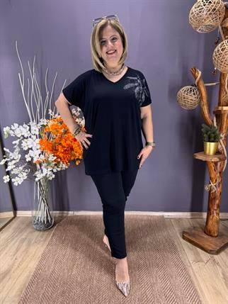 EYZ856 SİYAH PALMİYE TAŞLI PENYE BLUZ