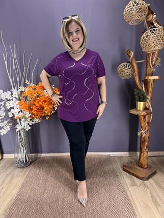 EYZ857 MOR GÜMÜŞ SARMALLI TAŞLI PENYE BLUZ