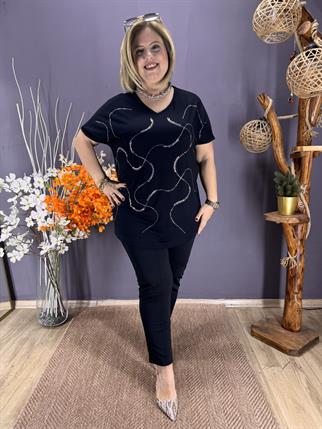 EYZ858 SİYAH GÜMÜŞ SARMALLI TAŞLI PENYE BLUZ