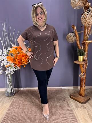 EYZ859 KAHVE GÜMÜŞ SARMALLI TAŞLI PENYE BLUZ