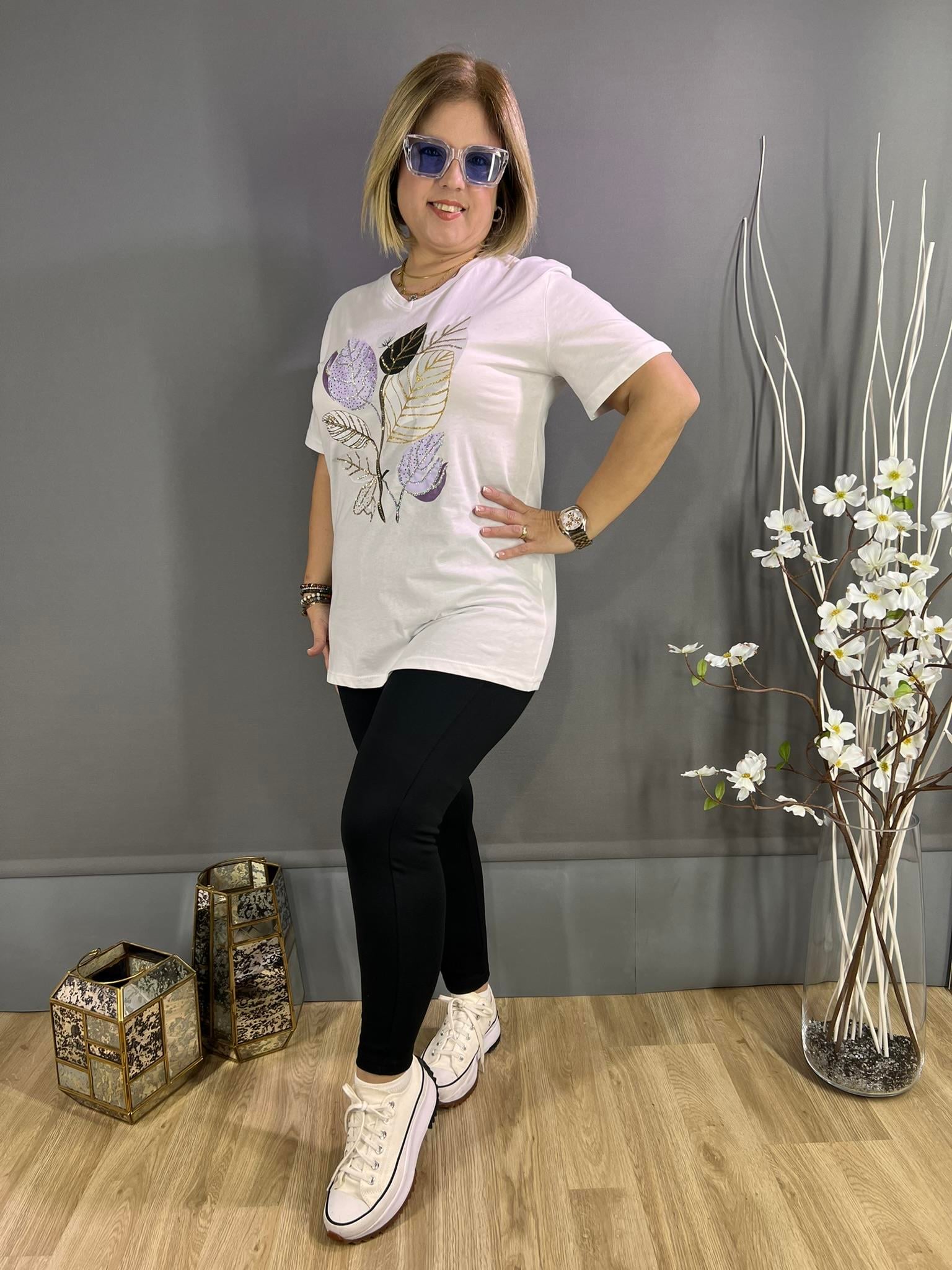 EYZ204 BEYAZ YAPRAK TAŞLI TİŞÖRT