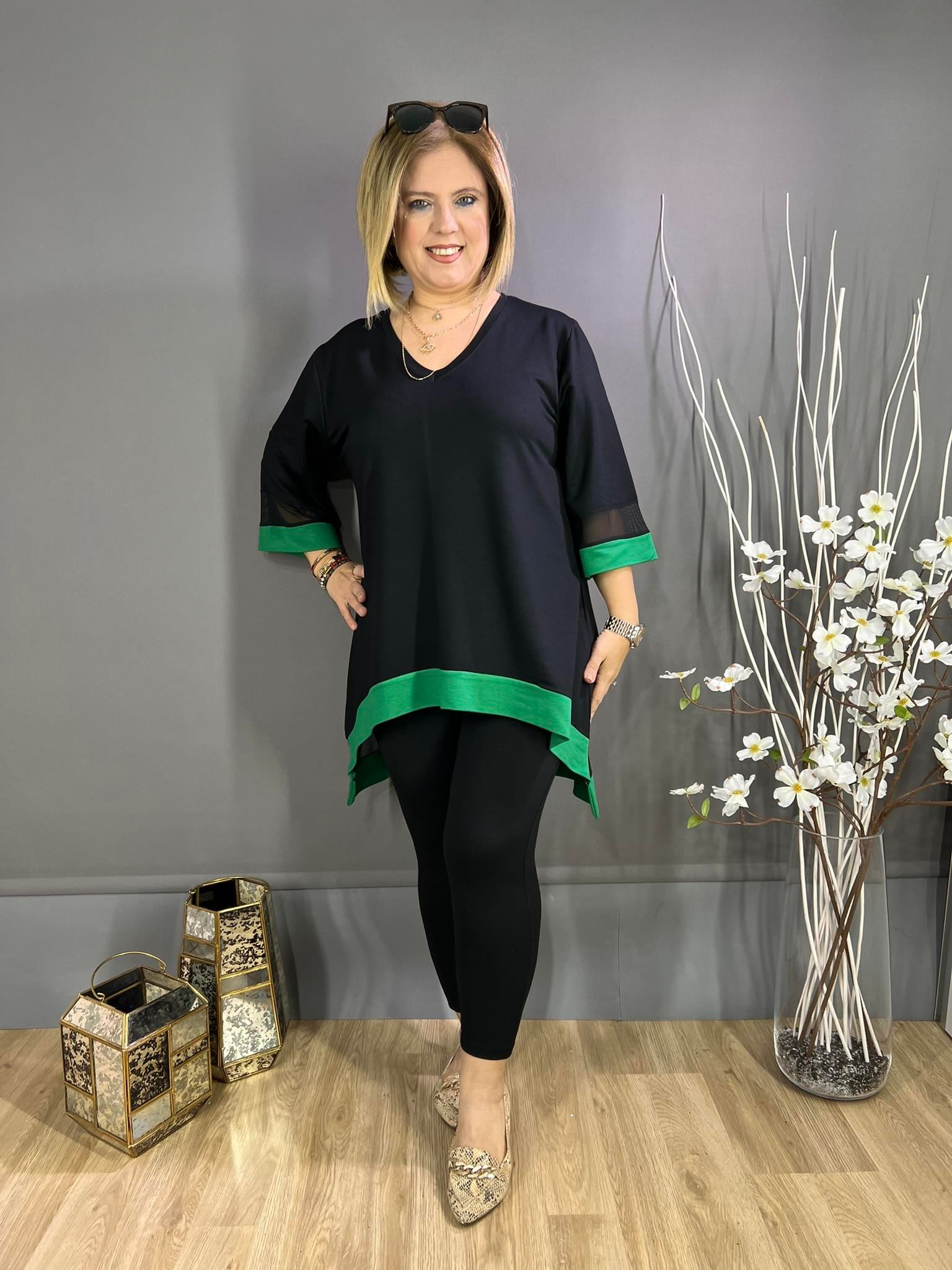 EYZ265 SİYAH V YAKA YEŞİL ŞERİTLİ SALAŞ TUNİK