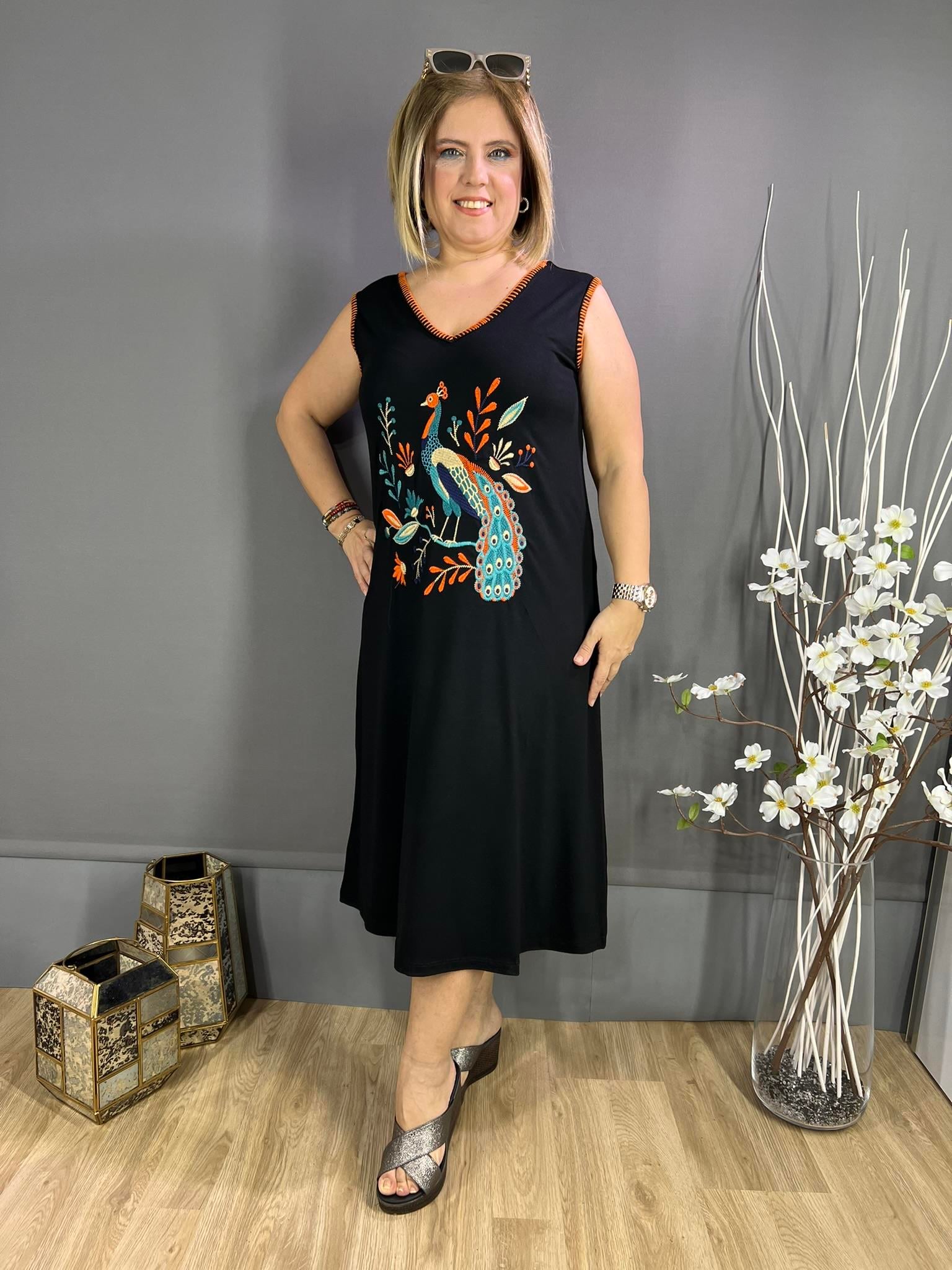 EYZ282 TAVUSKUŞU NAKIŞLI KALIN ASKILI ELBİSE