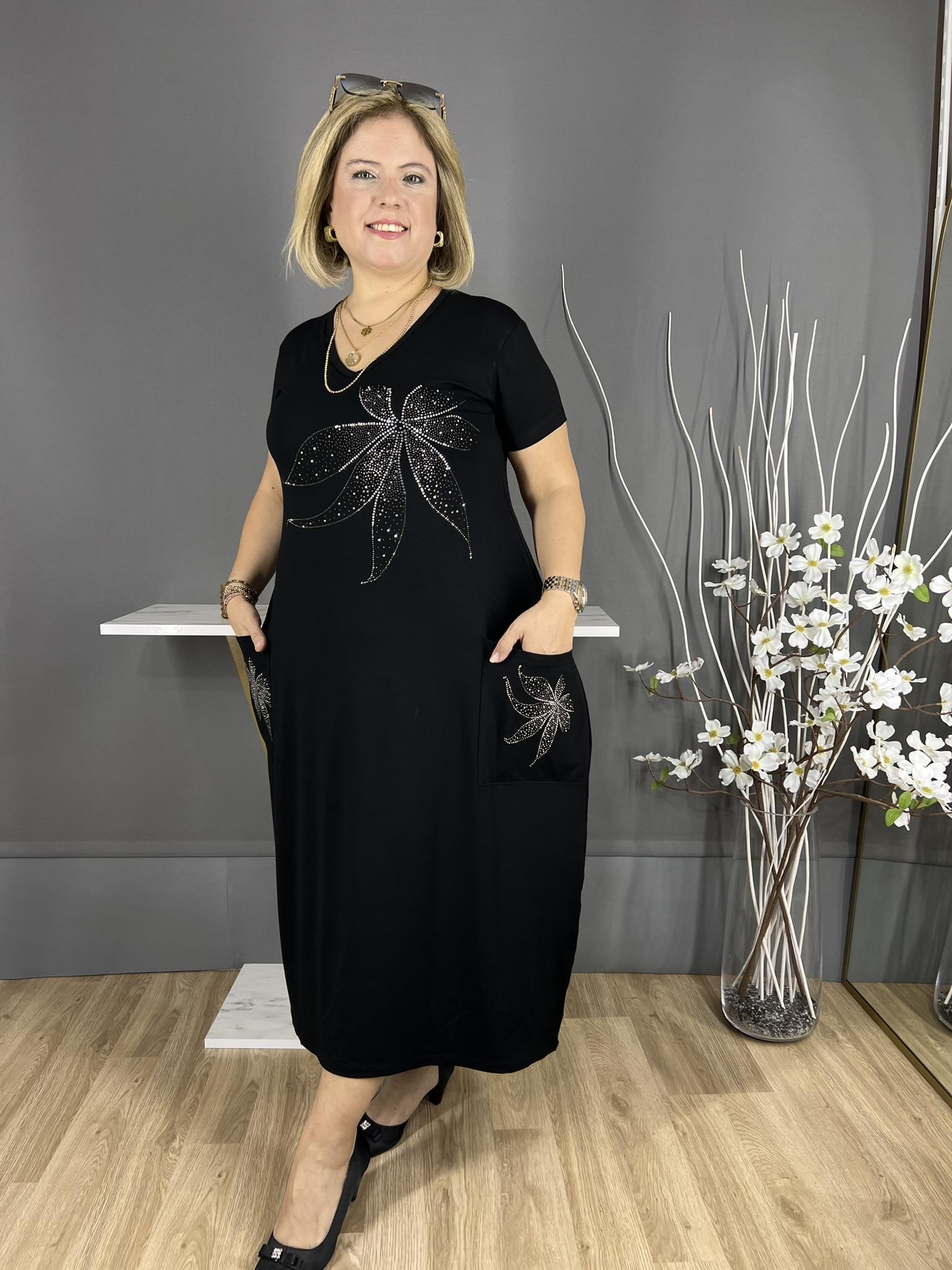 EYZ330 SİYAH ÇİÇEK TAŞLI CEPLİ ELBİSE