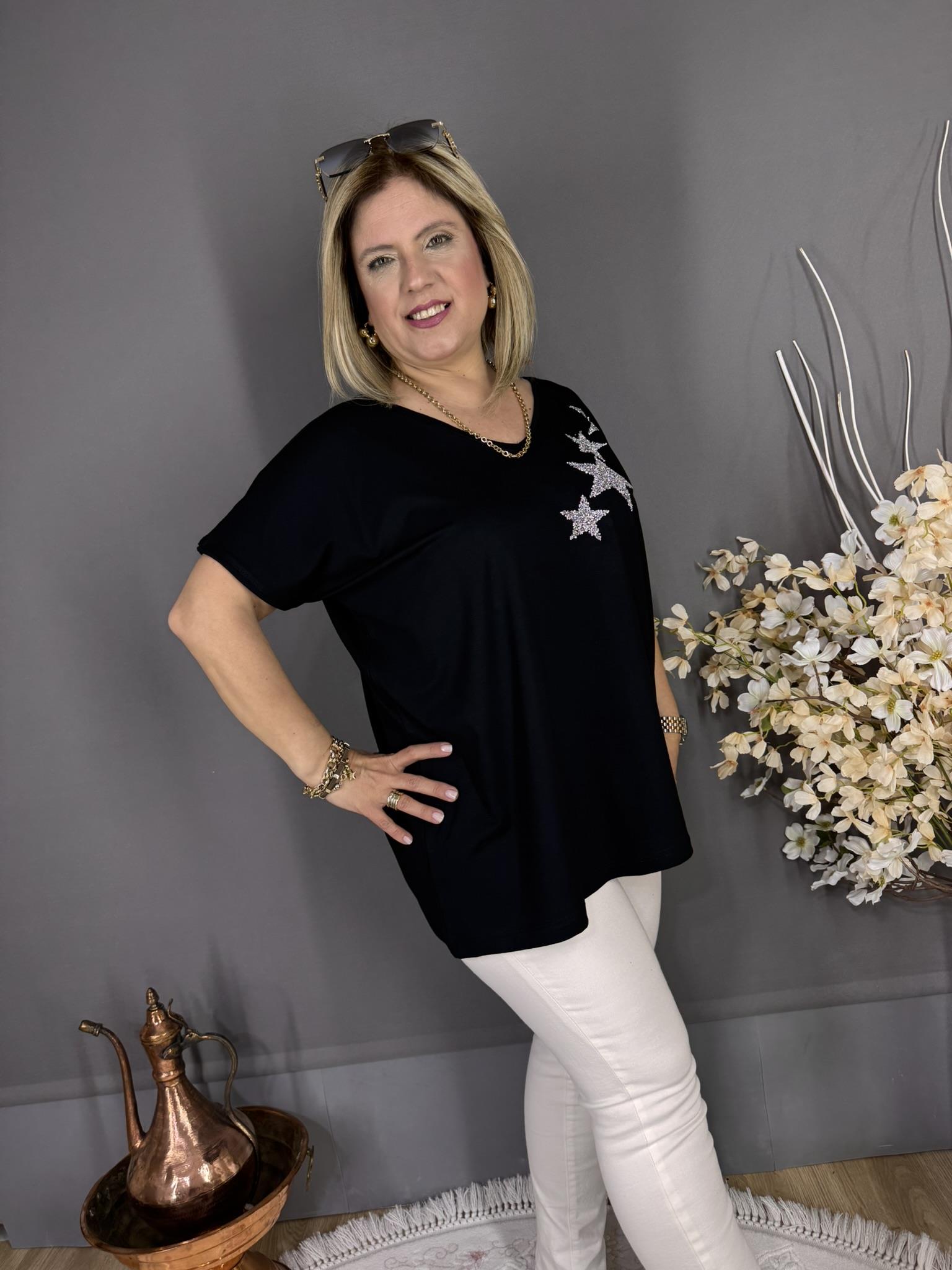 EYZ510 SİYAH YILDIZ TAŞLI BLUZ