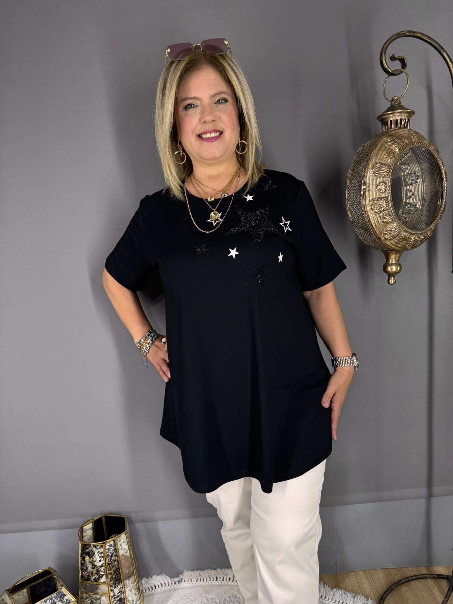 EYZ528 SİYAH BİSİKLET YAKA YILDIZ BASKILI PENYE BLUZ