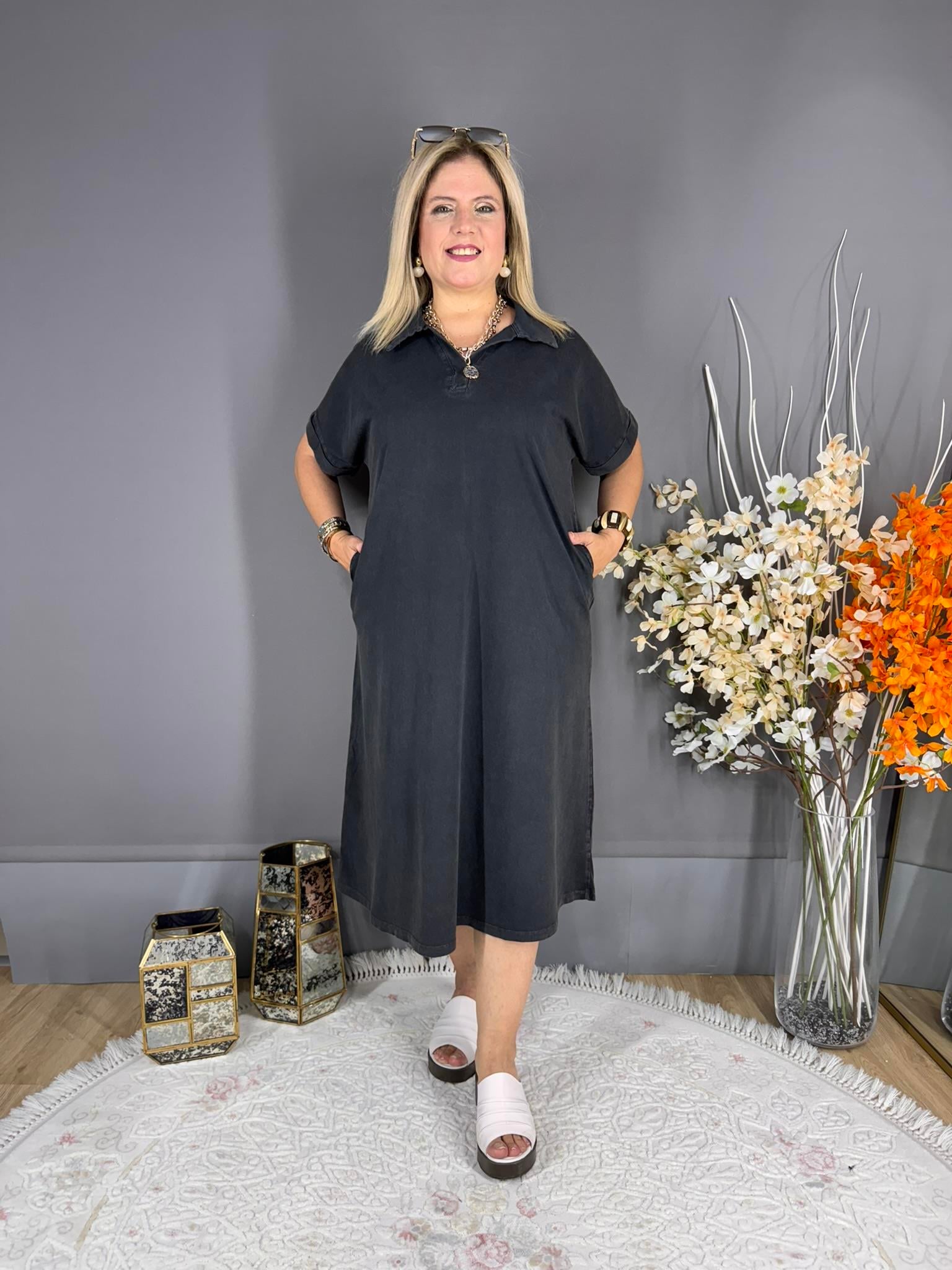 EYZ558 SİYAH TENSEL KUMAŞ ELBİSE