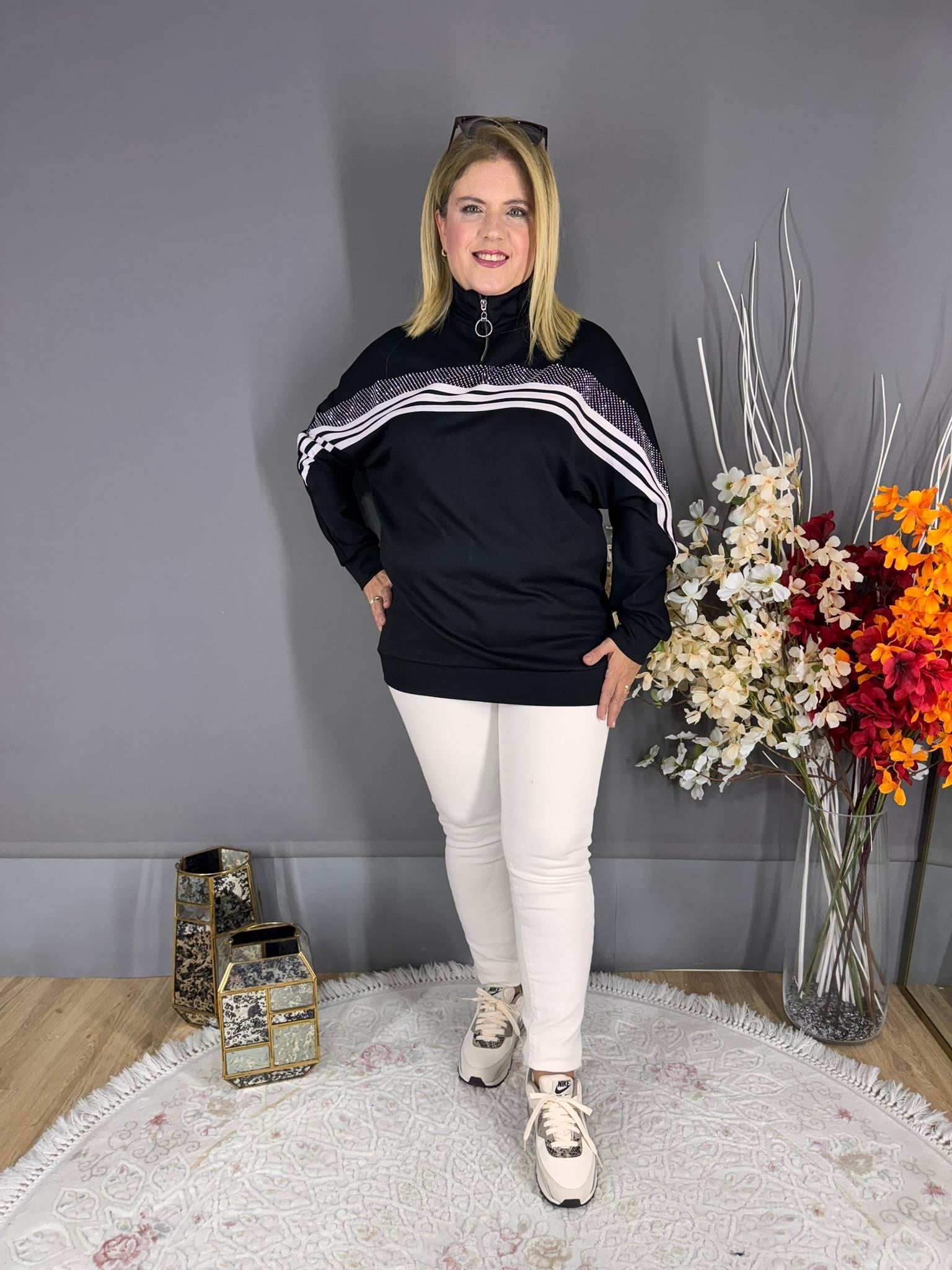 EYZ729 SİYAH YARIM BALIKÇI SPOR ŞERİT DETAYLI SWEATSHİRT