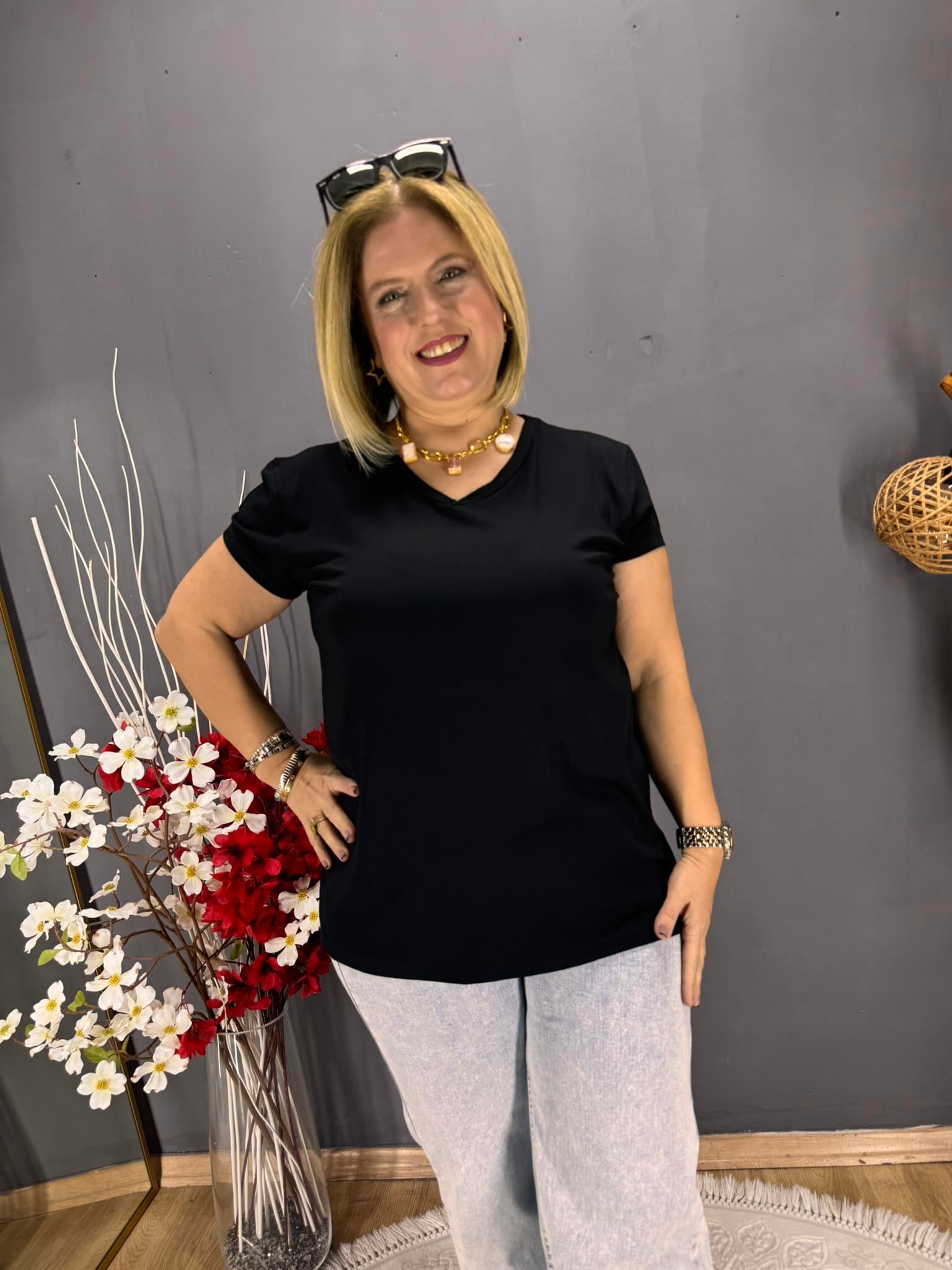 EYZ793 SİYAH V YAKA BASİC PENYE  BLUZ