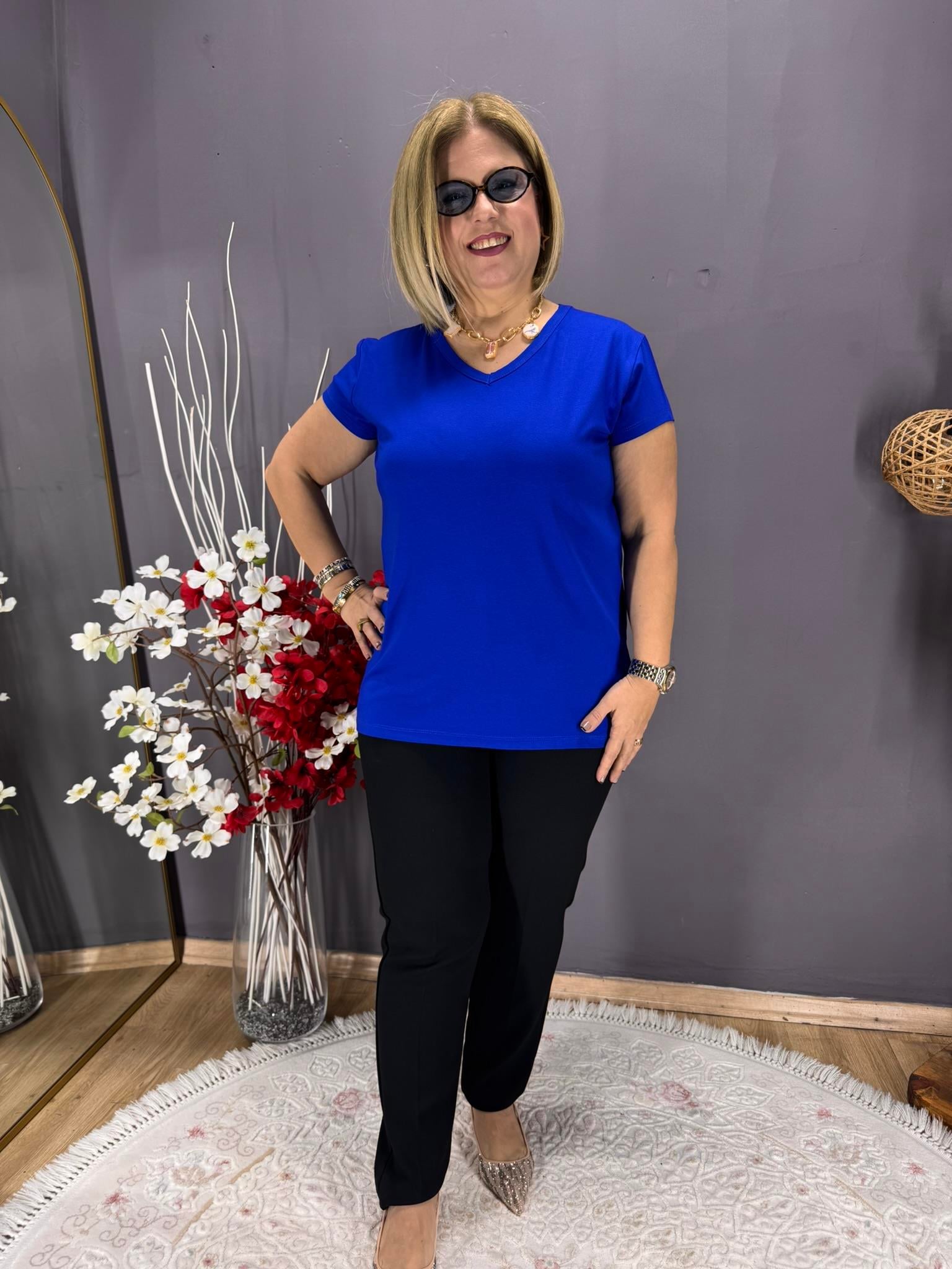 EYZ797 MAVİ V YAKA BASİC PENYE  BLUZ