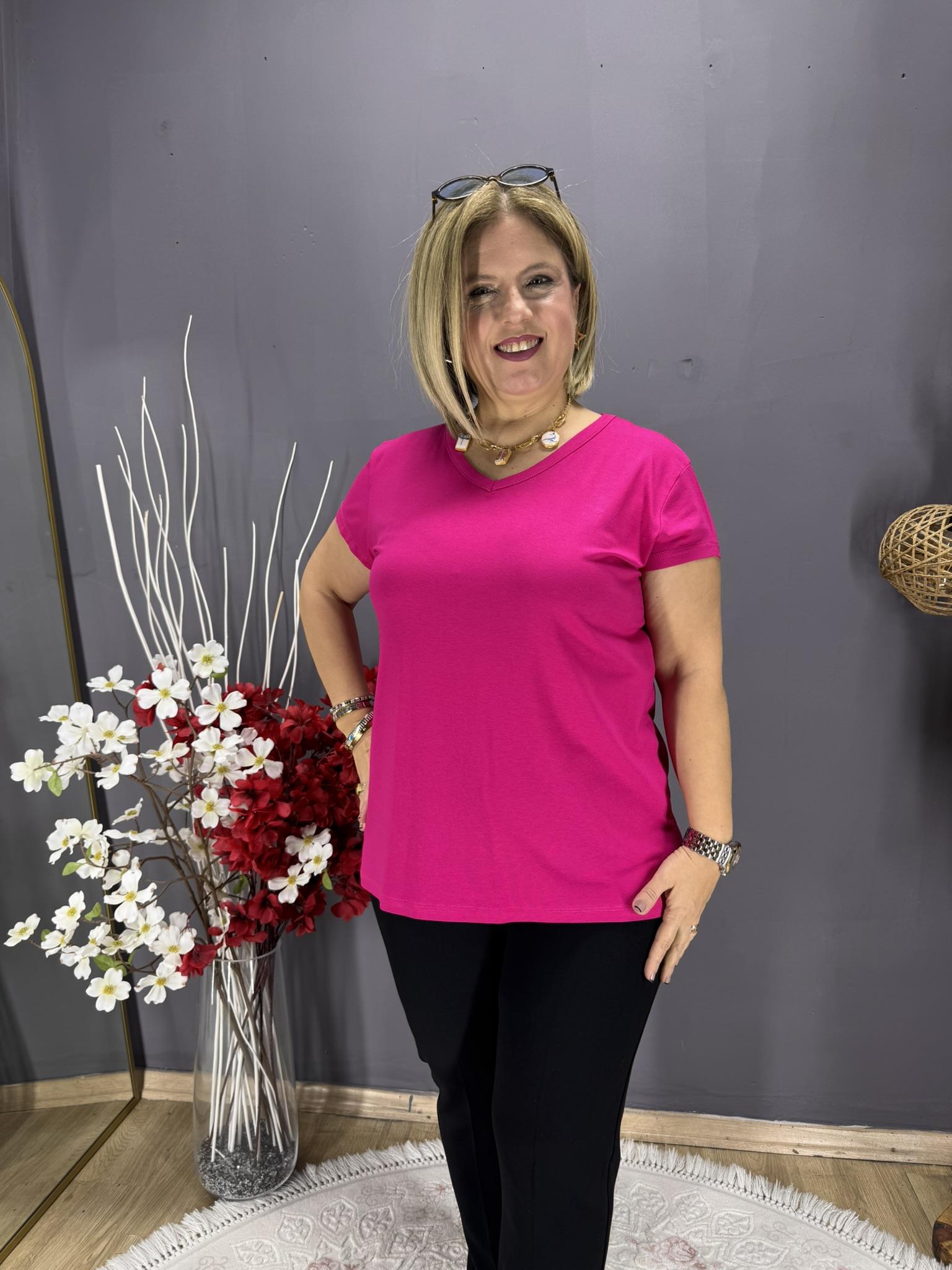 EYZ798 FUŞYA PEMBE V YAKA BASİC PENYE  BLUZ