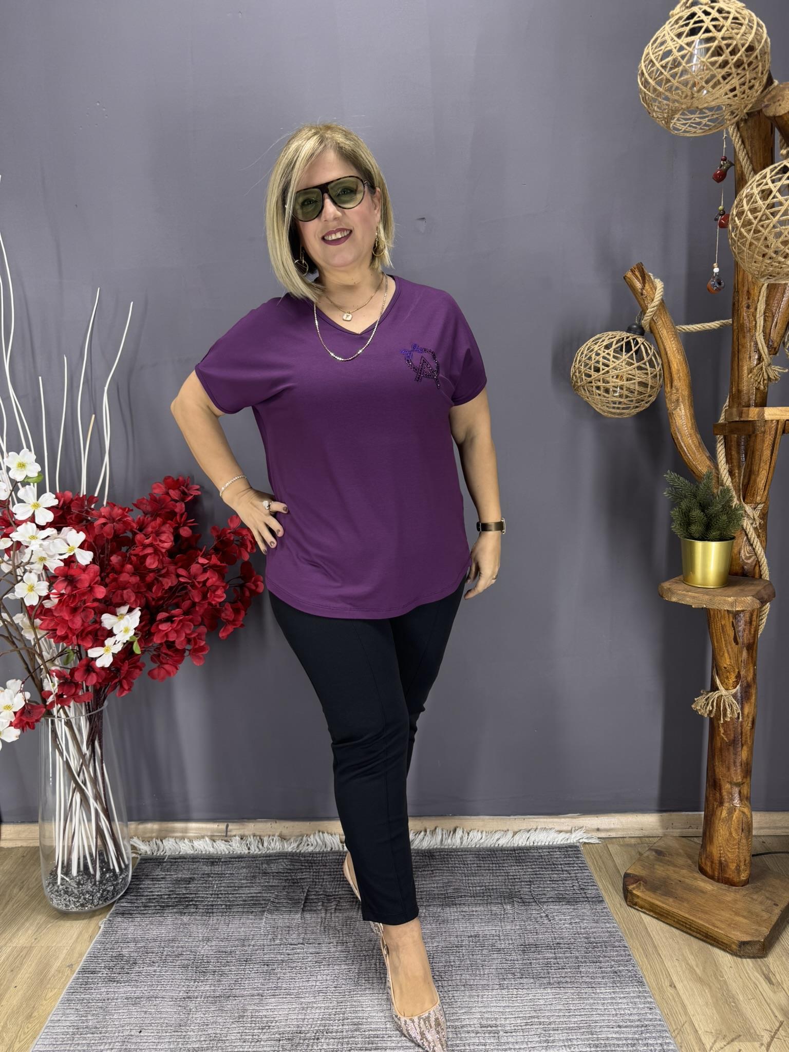 EYZ809 MOR ARKA TÜL TAŞ İŞLEMELİ PENYE BLUZ