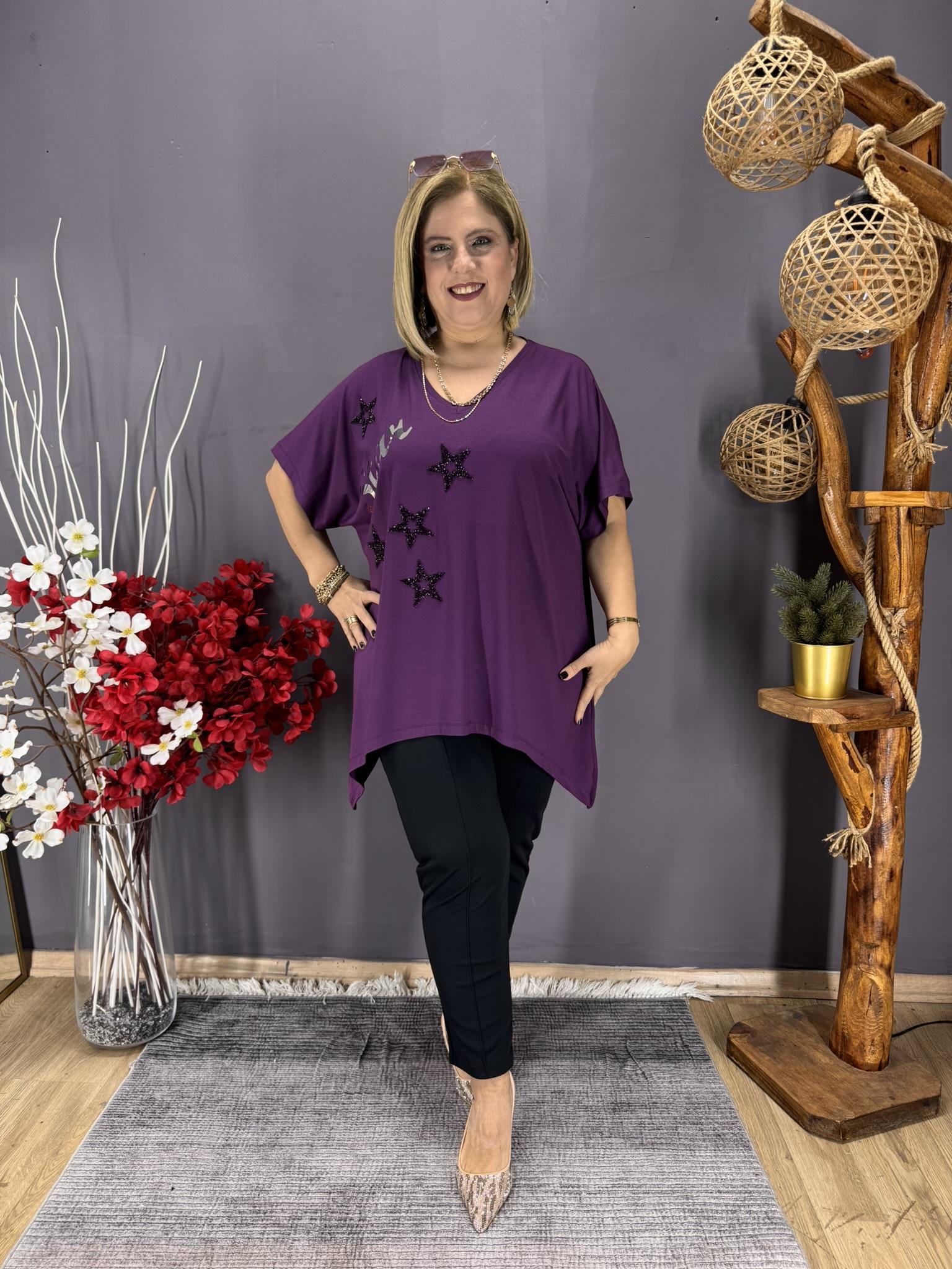 EYZ827 MOR STAR YILDIZ TAŞLI PENYE ASİMETRİK TUNİK